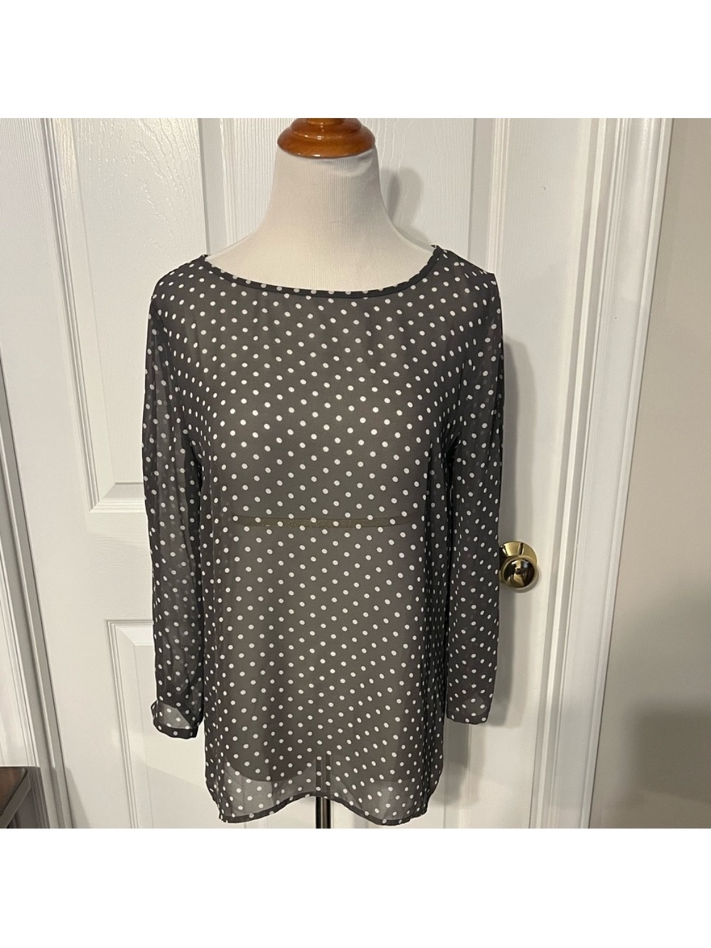 LOFT Black Sheer Polka Dot Blouse with White Dots